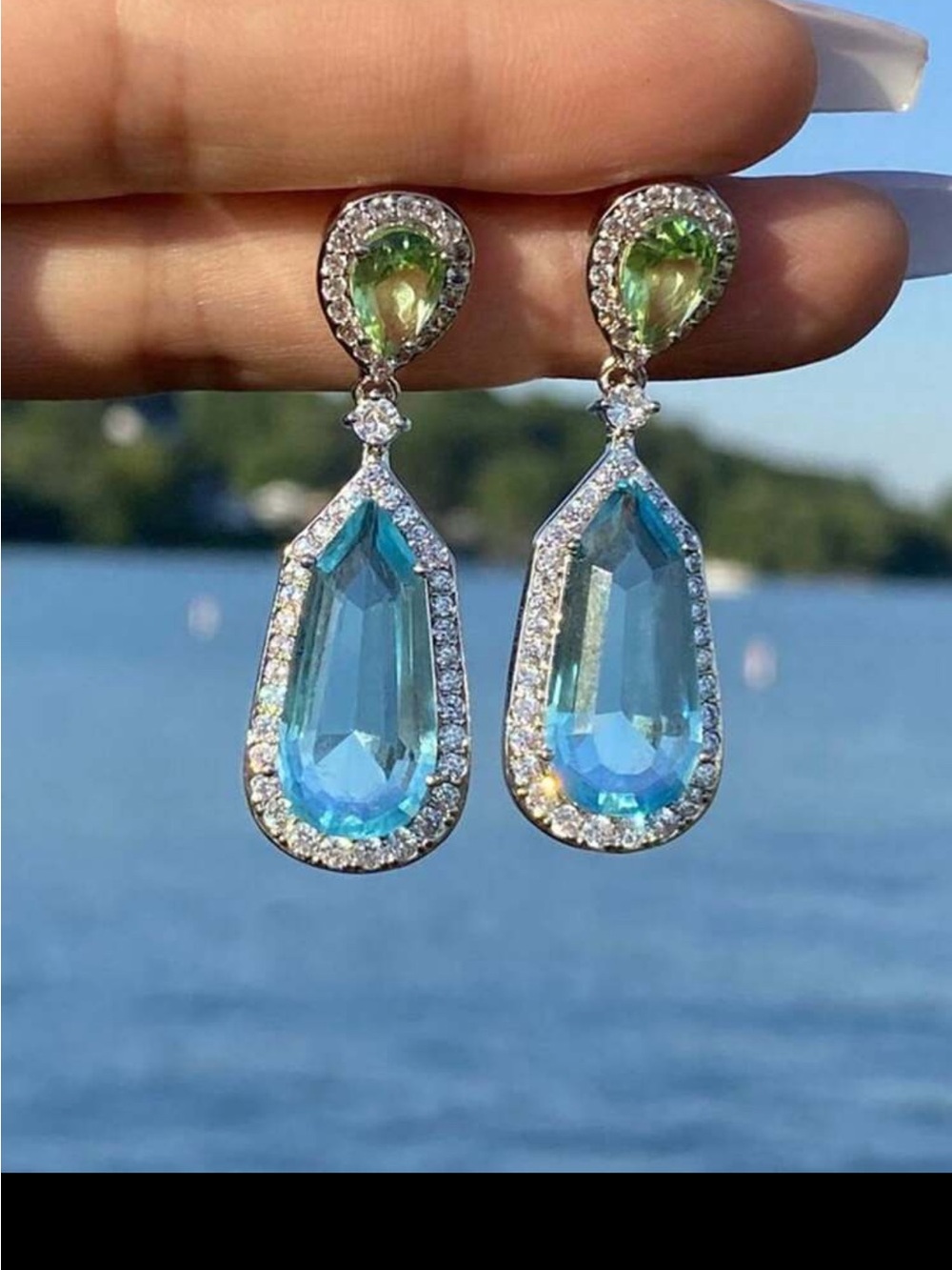 Green and Blue Teardrop Crystal Drop Earrings - Women Jewelry